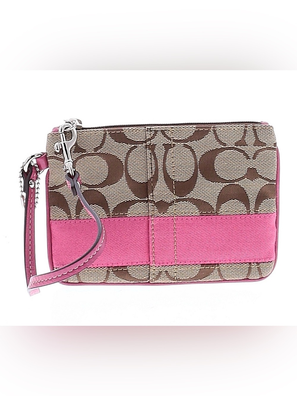 Coach Brown Signature Canvas Wristlet with Pink Stripe